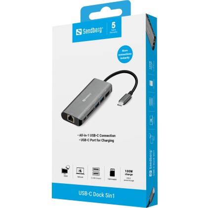 Sandberg USB-C Dock HDMI+LAN+SD+USB,61W 136-18 Adattatore Type-C, Argento