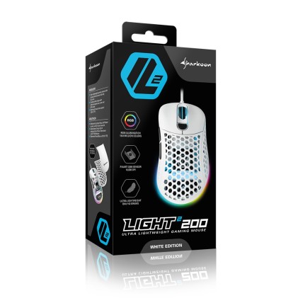 Sharkoon Mouse Gaming Light2-200, Black, 16000 Dpi Max, Rgb, 6 Tasti, Usb 1.8Mt, Bianco