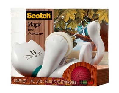 Dispenser di nastro adesivo Scotch Magic - Forma di gatto - Include 1 rotolo da 19 mm x 8,89 m - Bianco