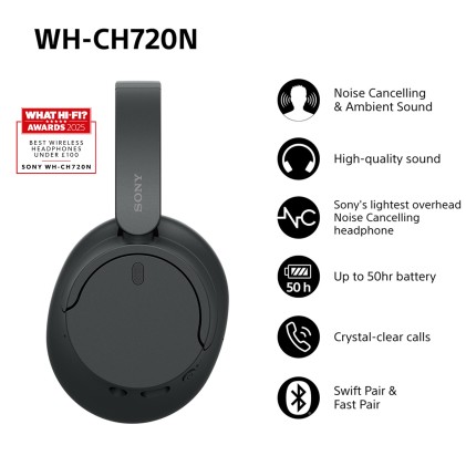 Sony WH-CH720N Cuffie Bluetooth wireless con cancellazione del rumore - Durata della batteria fino a 35 ore e ricarica rapida - Nero