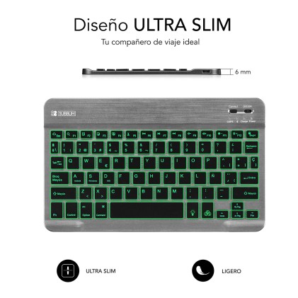 Tastiera BT retroilluminata Subblim - Spessore 6 mm - Connettivit&agrave; Bluetooth 3.0 - Tasti ad alta precisione - Batteria ricaricabile agli ioni di litio - Colore grigio