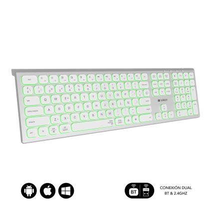 SUBBLIM SUBKB-3MIE300 tastiera Universale RF senza fili + Bluetooth QWERTY Spagnolo Argento, Bianco