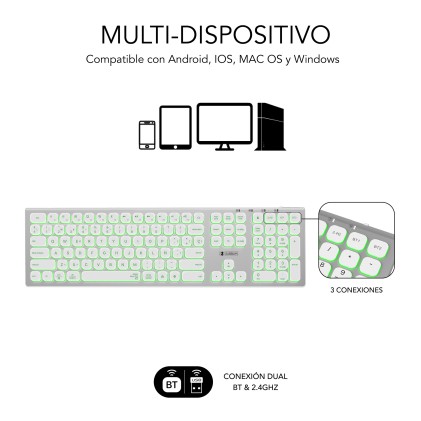 SUBBLIM SUBKB-3MIE300 tastiera Universale RF senza fili + Bluetooth QWERTY Spagnolo Argento, Bianco