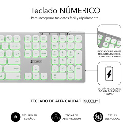 SUBBLIM SUBKB-3MIE300 tastiera Universale RF senza fili + Bluetooth QWERTY Spagnolo Argento, Bianco