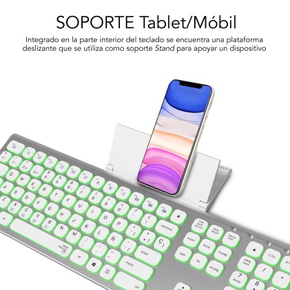 SUBBLIM SUBKB-3MIE300 tastiera Universale RF senza fili + Bluetooth QWERTY Spagnolo Argento, Bianco