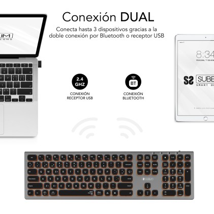 SUBBLIM SUBKB-3MIE310 tastiera Universale RF senza fili + Bluetooth QWERTY Spagnolo Nero, Grigio