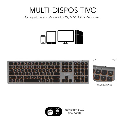 SUBBLIM SUBKB-3MIE310 tastiera Universale RF senza fili + Bluetooth QWERTY Spagnolo Nero, Grigio