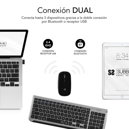 SUBBLIM SUBKBC-DCEP20 tastiera Mouse incluso Universale RF senza fili + Bluetooth QWERTY Spagnolo Nero, Grigio