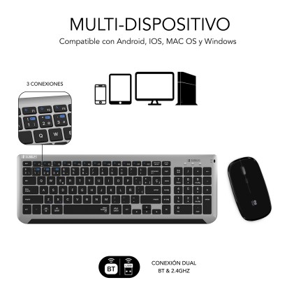 SUBBLIM SUBKBC-DCEP20 tastiera Mouse incluso Universale RF senza fili + Bluetooth QWERTY Spagnolo Nero, Grigio