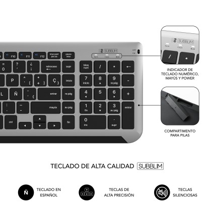 SUBBLIM SUBKBC-DCEP20 tastiera Mouse incluso Universale RF senza fili + Bluetooth QWERTY Spagnolo Nero, Grigio
