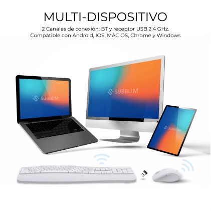 SUBBLIM SUBKBC-DCOPW1 tastiera Mouse incluso Casa/ufficio RF senza fili + Bluetooth QWERTY Spagnolo Bianco