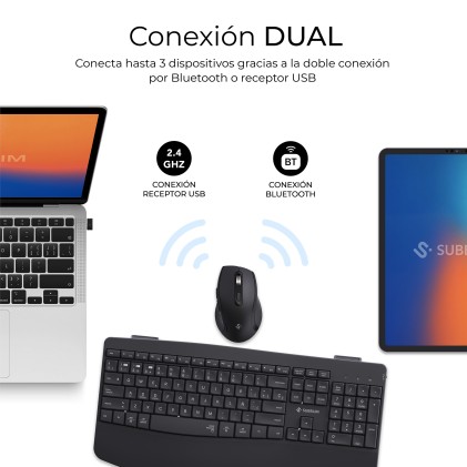 SUBBLIM SUBKBC-DCOPW2 tastiera Mouse incluso Casa/ufficio RF senza fili + Bluetooth QWERTY Spagnolo Nero