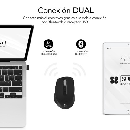 Subblim Comfort Ergo Dual Mouse Wireless - Bluetooth, USB 2.4GHz 2400dpi - 5 Pulsanti - Uso per Destrimani - Nero