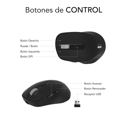 Subblim Comfort Ergo Dual Mouse Wireless - Bluetooth, USB 2.4GHz 2400dpi - 5 Pulsanti - Uso per Destrimani - Nero