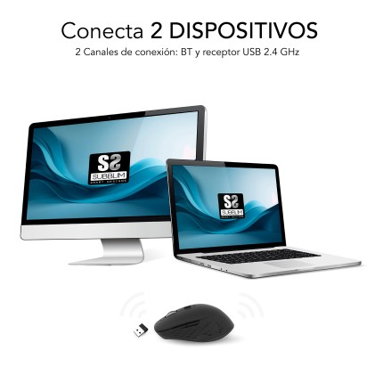 Mouse wireless Subblim Curve Ergo Dual - Bluetooth, USB 2.4GHz 1600dpi - 5 pulsanti - Uso per destrimani - Nero