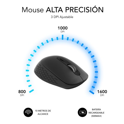 Mouse wireless Subblim Curve Ergo Dual - Bluetooth, USB 2.4GHz 1600dpi - 5 pulsanti - Uso per destrimani - Nero
