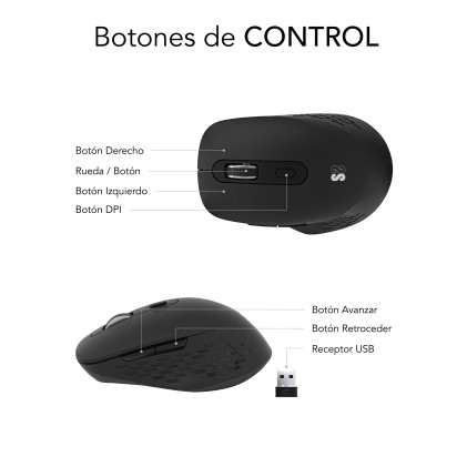 Mouse wireless Subblim Curve Ergo Dual - Bluetooth, USB 2.4GHz 1600dpi - 5 pulsanti - Uso per destrimani - Nero
