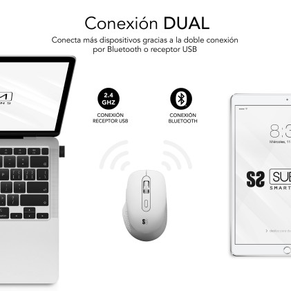 Subblim Curve Ergo Dual Mouse wireless - Bluetooth, USB 2.4GHz 1600dpi - 5 pulsanti - Uso per destrimani - Bianco