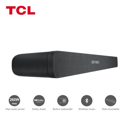 Tcl Soundbar 2.1 Potenza Max 260W Subwoofer Integrati, Speaker Bluetooth, Dolby Atmos, Hdmi Arc, Mon
