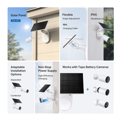Pannello solare TP-Link Tapo A201 con supporto per fotocamera - 2,5 W - Cavo da 4 m - IP65 - Include accessori di montaggio - Nero e bianco