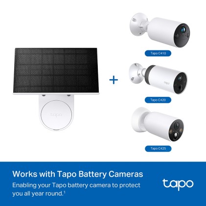 Pannello solare TP-Link Tapo A201 con supporto per fotocamera - 2,5 W - Cavo da 4 m - IP65 - Include accessori di montaggio - Nero e bianco