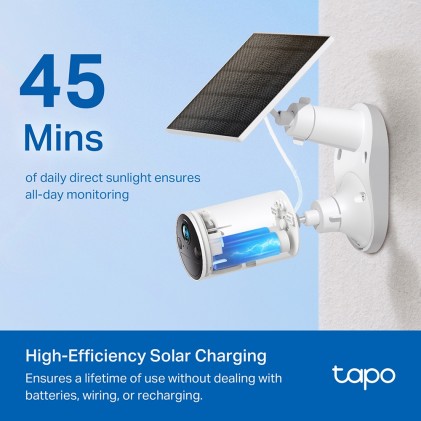 Pannello solare TP-Link Tapo A201 con supporto per fotocamera - 2,5 W - Cavo da 4 m - IP65 - Include accessori di montaggio - Nero e bianco