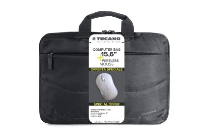 Tucano Borsa + Mouse Wireless (Borsa Slim Per Notebook Da 15,6&#34;, Tracolla Colore Nero + Mouse Wireless Colore Bianco)