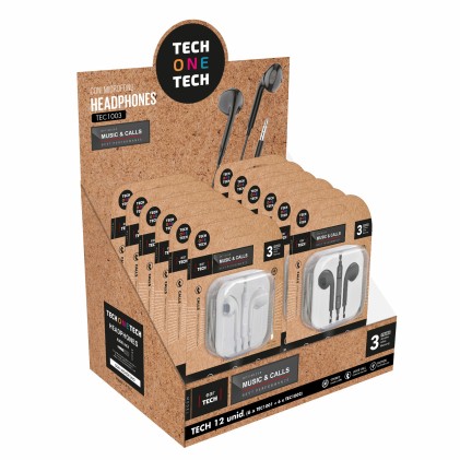 TechOneTech espositore di 12 auricolari - Microfono integrato - Mini jack da 3,5 mm - Assistente vocale - Cavo da 1,20 m