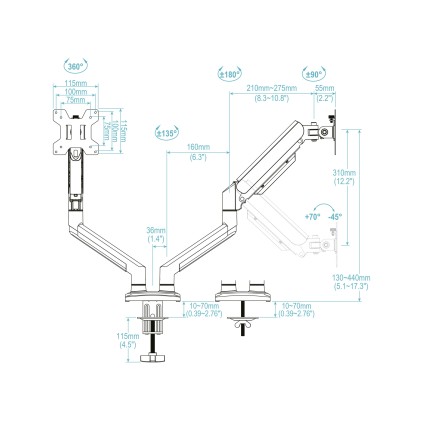TooQ DB1434TNR-W Supporti a parete per TV 86,4 cm (34") Scrivania Bianco