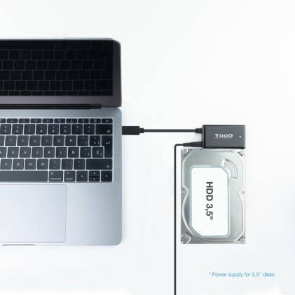 Tooq Adattatore USB 3.0 da USB-C a SATA per dischi rigidi da 2,5" e 3,5" con alimentatore - Colore nero