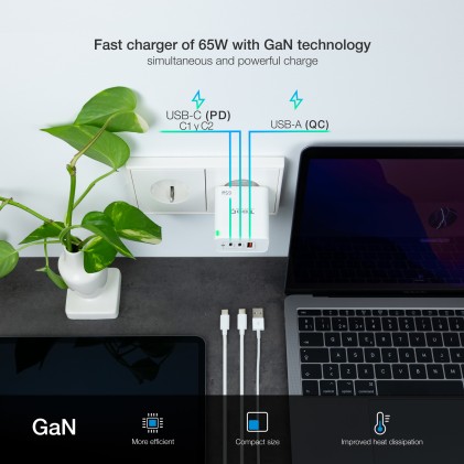 TooQ TQWC-GANQC2PD65WT Caricabatterie per dispositivi mobili Bianco Interno