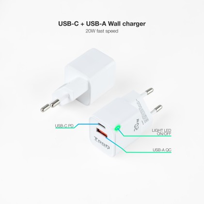 Caricabatterie da muro Tooq USB-C/PD + USB-A/QC 20W - Colore bianco