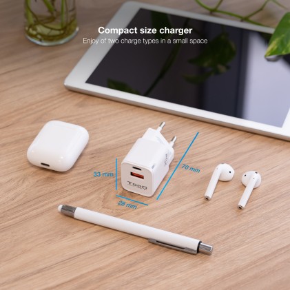 Caricabatterie da muro Tooq USB-C/PD + USB-A/QC 20W - Colore bianco