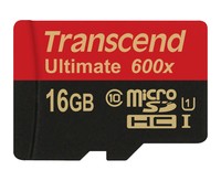 TRANSCEND Flash Micro SDHC 16GB UHS-1 600X Class 10 + 1 adapter - Write up to 46MB/s 600X Read up to 87MB/s