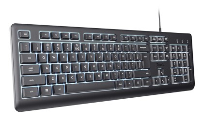 Tastiera cablata Trust Primo Full-Size con USB-C - Retroilluminazione a LED - Protezione da schizzi - 104 tasti silenziosi - Adattatore USB-A - 22x184x436mm - Nera - Spagnolo