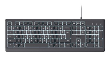 Tastiera cablata Trust Primo Full-Size con USB-C - Retroilluminazione a LED - Protezione da schizzi - 104 tasti silenziosi - Adattatore USB-A - 22x184x436mm - Nera - Spagnolo