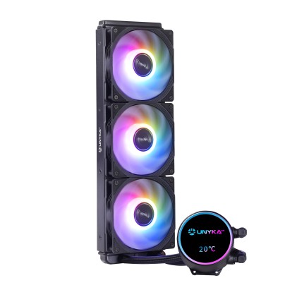 Kit di raffreddamento a liquido Unykach Aquastorm NEO 360 - 3 ventole da 120 mm - Illuminazione RGB - Visualizzazione della temperatura della CPU - Tubi da 38 mm