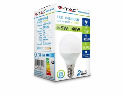 V-TAC VT-1880 Lampadina LED E14 5.5W Miniglobo P45 2700K Bianco caldo - SKU 42501