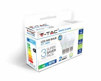 V-TAC VT-1900 Saver Pack Confezione 3 Lampadine LED E27 9W Bulb A60 - 2700K Bianco caldo - SKU 7240