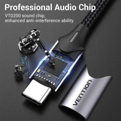 Adattatore Vention da USB-C a TRS - Suono Hi-Fi - Chip VT0200 - Alloggiamento in alluminio - Anti-groviglio - Resistente all'usura - Grigio