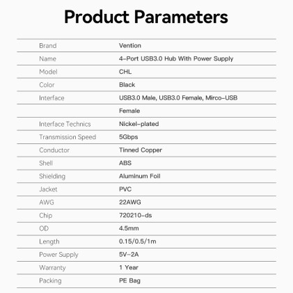 Vention CHLBD hub di interfaccia USB 3.2 Gen 1 (3.1 Gen 1) Type-A 5000 Mbit/s Nero