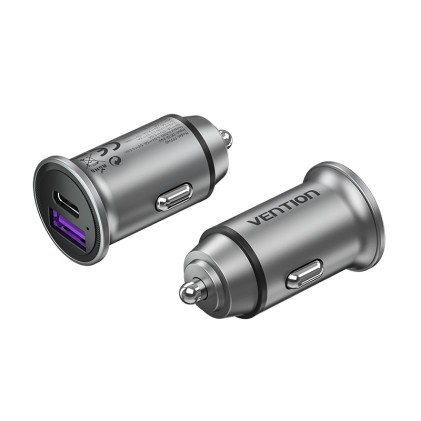 Caricabatteria da Auto Vention 30W 2xUSB (A+C) QC4.0 5A - Design Mini - Alluminio Grigio