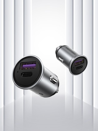 Caricabatteria da Auto Vention 30W 2xUSB (A+C) QC4.0 5A - Design Mini - Alluminio Grigio