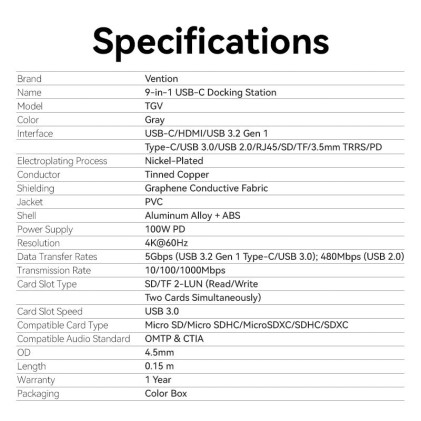 Vention TGVHB hub di interfaccia USB tipo-C 5000 Mbit/s Grigio