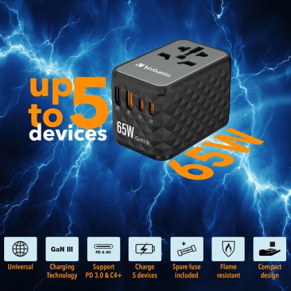 Verbatim Adattatore Universale Da Viaggio Uta-05 Gan Iii Universal Travel Adapter With 2 X Usb-C Pd