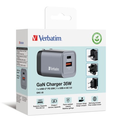 Verbatim Caricatore Da Parete Gnc-35 Gan Charger 2 Port 35W Usb A/C (Eu/Uk/Us)