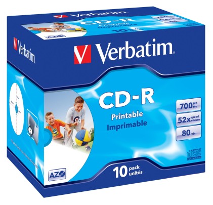VERBATIM inkjet printable CD-R 80 min. / 700 MB 52x 10-pack jewelcase DataLife Plus, white surface