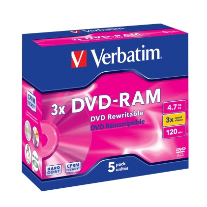 VERBATIM DVD-RAM 120 min. / 4.7GB 3x 5-pack jewelcase DataLife Plus, scratch resistant surface