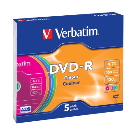 VERBATIM DVD-R 120 min. / 4.7GB 16x 5-pack slim jewelcase DataLife Plus, color surface