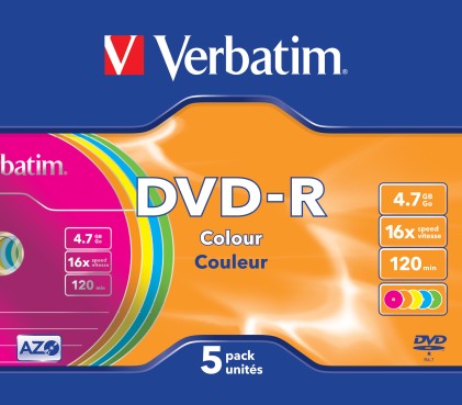 VERBATIM DVD-R 120 min. / 4.7GB 16x 5-pack slim jewelcase DataLife Plus, color surface